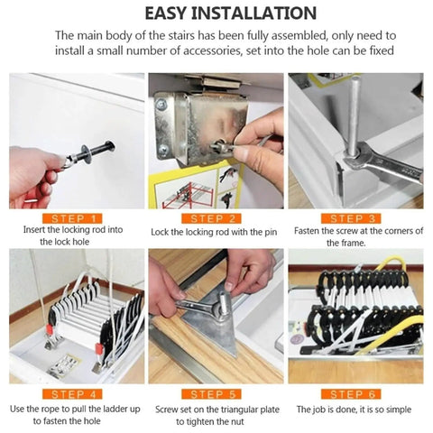 Installation steps for Heavy Duty Electric Telescopic Attic Stairs Pull Down Ladder showing assembly process.