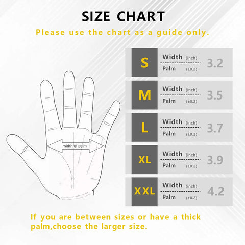 Size chart for MicroFoam Nitrile Coated Work Gloves With Seamless Knit Nylon, showing palm measurements for sizes S to XXL.