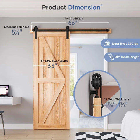 Beefy Five Point Five Ft Sliding Barn Door Hardware Track Kit with J Pulley, installed on 33 in wide wooden door.