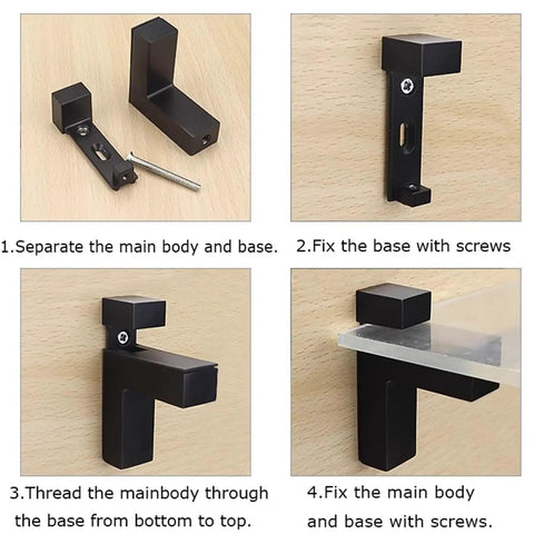 Installation steps for heavy duty adjustable glass shelf brackets in chrome finish with zinc alloy supports for 3-28 mm shelves.
