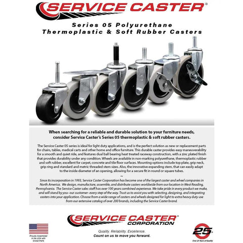 Heavy Duty Two Inch Swivel Polyurethane Caster Wheel With Seven Sixteenths By Seven Eighths Grip Ring Stem showing different caster styles.