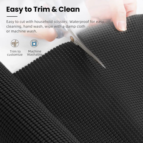 Super Thick Non Adhesive Shelf Liner For Kitchen Cabinets And Drawers Rock Solid Anti Slip Grip Heavy Duty Easy Cut Micro Foam Mat For Pantry And Bathroom Organization Black Roll cut with scissors for easy customization.
