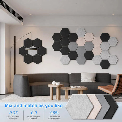 Flex Ready Hexagon Acoustic Panels 12 Pack Self Adhesive Sound Deadening Foam Wall Tiles Flame Resistant Noise Absorbing Echo Killer Room Accent setup in a modern living space.