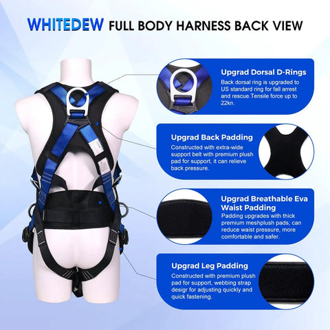 Back view of Heavy Duty Full Body Fall Protection Safety Harness With Shock Absorbing Lanyard And Super Comfy Ventilated Mesh Padding For No Sweat Daily Grind Plus Four Quick Release Buckles Blue.