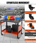 Heavy Duty Mobile Welding Table And Workbench For Garage And Shop Steel Platform with tool slots, storage, and wheels for movement.