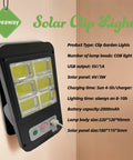 Image of a black clip garden light with COB lamp beads and USB output, featuring solar panel specs and giveaway label.
