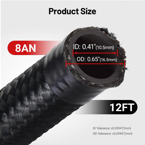 8AN Nylon Braided Fuel Line Kit 12Ft Black With Stainless Steel Fittings For Fuel Return And Supply, showing ID and OD
