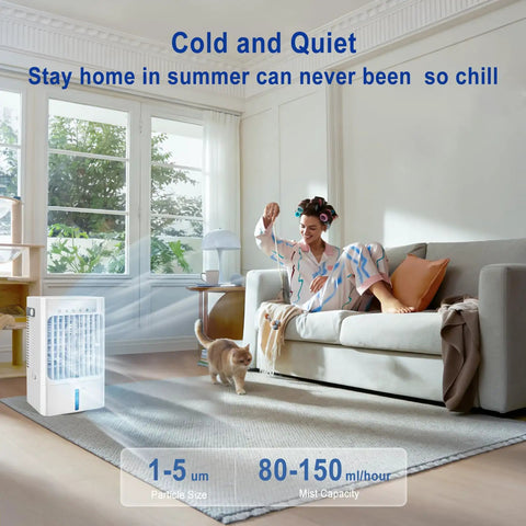 Beat The Heat With This Compact Air Cooler Desk Fan With Three Speeds 120 Degree Oscillation One To Eight Hour Timer Seven Color Led Light And Mist Mode 900ml Water Tank Portable Cooling For Bedroom Office And Desk next to a woman