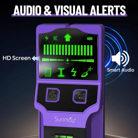 Heavy Duty 7 In 1 Wall Scanner Stud Finder With Cross Beam Laser Level And Bubble Vials For Deep Wood Metal Live Wire Detection showing HD screen with audio and visual alerts.