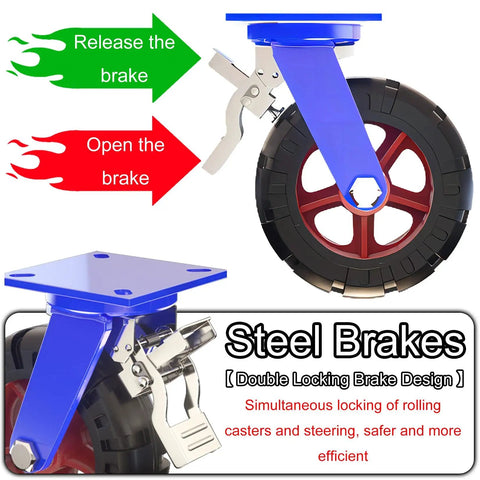 Built Tough Heavy Duty Swivel Castor Wheels 4 Pack With Double Locking Brakes Solid Rubber Casters showing brake mechanism and tire details.