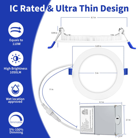 Diagram of 16 Pack 6 Inch LED Recessed Canless Wafer Lights With 5CCT Selectable 2700K To 5000K, Dimmable 12W 1050LM features and dimensions