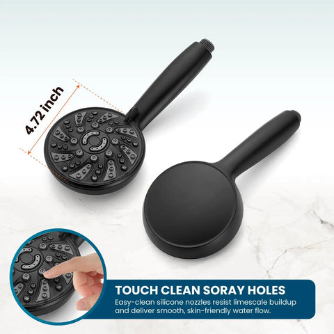 Heavy Duty Matte Black Shower Faucet Set With Integrated Pressure Balance Valve And Versatile Six Setting Handheld Sprayer close-up of handheld shower head with silicone nozzles, 4.72 inch diameter.
