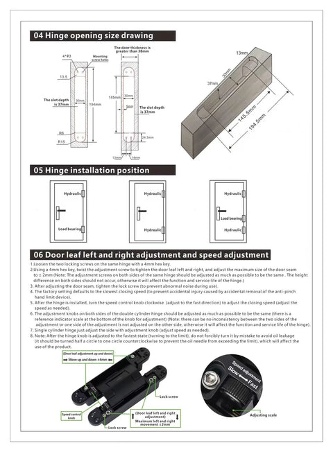 Technical drawing of Top Shelf Adjustable Hydraulic Hidden Door Hinge with dimensions and installation instructions.