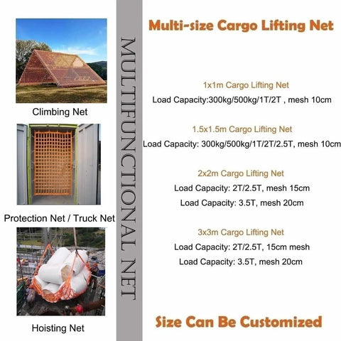 Heavy Duty Cargo Net For Trucks And Pallets Flat Nylon Webbing Sling Hoist Net Tear Resistant Security Net with various sizes and load capacities displayed.