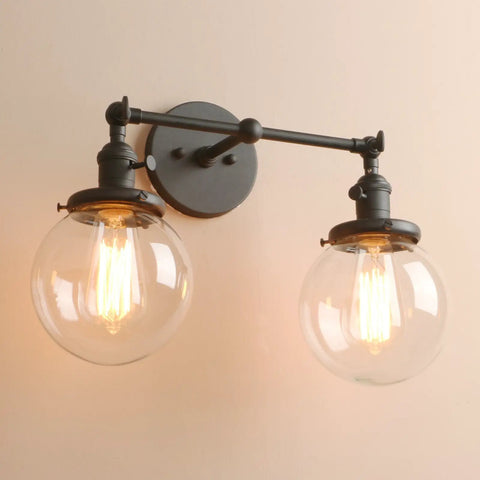 Two Light Vintage Wall Sconces With On Off Switch Globe Glass Vanity Bathroom Light Fixtures Industrial Style Wall Lighting