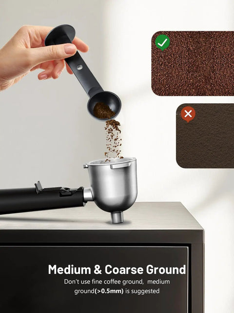 Kickstart Your Day With This Compact Espresso Machine Featuring Fast Preheat And Smooth Milk Frothing For Killer Hot Or Iced Lattes That Truly Hit Different Every Single Pour, showing coffee scoop and grounds.