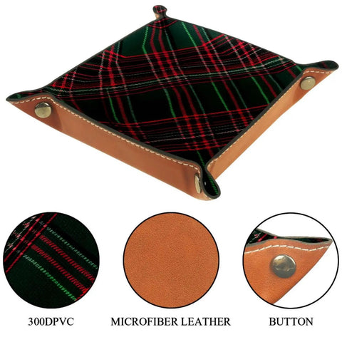Slick Dark Green Tartan Valet Tray For Nightstand And Desk Go To Catch All Storage Dish For Keys Coins Watch Jewelry And Wallet Durable Microfiber Leather Organizer Pad with buttons and detailed stitching.