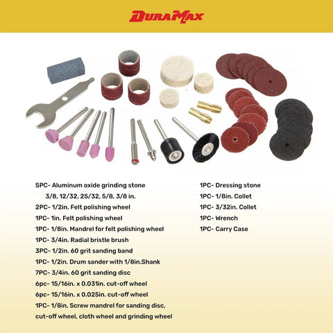 Accessories of a 40-Piece Rotary Tool Kit With Variable Speed 8,000 To 30,000 RPM, 120V Corded, displayed with a wrench and case.