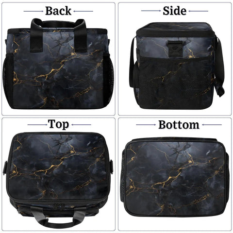 Insulated Picnic Backpack For Work Beach And Travel With Large Capacity Lunch Bag Tote in marble design showing back, side, top, bottom