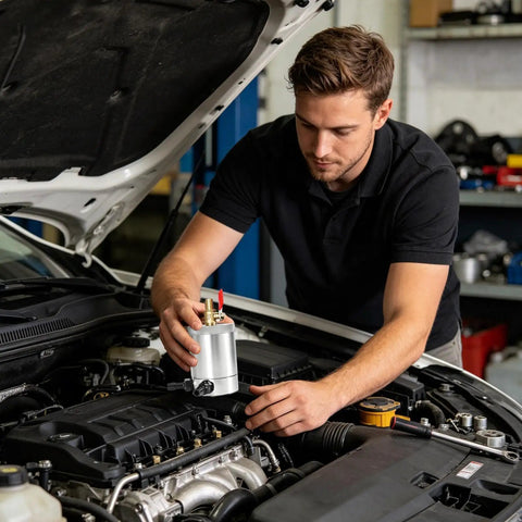 Man installing Catch Can 300Ml Double Port Baffle Design Oil Separator For Car Engine Protection under car hood.