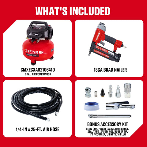 Craftsman 6 Gal Pancake Air Compressor With Oil-Free Tank Generating A Punchy 150 Psi For Swift Recovery kit including brad nailer, air hose, accessories.