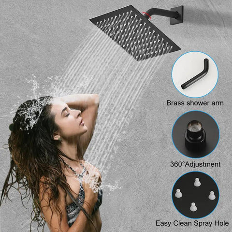 Level Up Your Daily Wash With This Matte Black Shower System Featuring An 8 Inch High Pressure Rain Head in use with water flowing.
