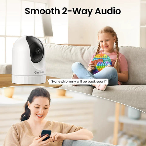 2K Indoor Security Camera With 360 Degree Pan Tilt, 2.4Ghz WiFi, shows two-way audio with child and parent communicating