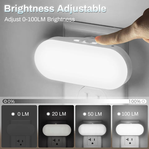 Led Night Light Easy Plug In Wall 2 Pack With Dusk To Dawn Sensor Dimmable 0 To 100 Lumens 5000K Soft White adjustable brightness