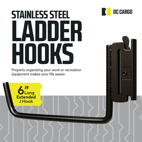 Extended Flat J Hook E Track Ladder Hooks 4 Pack For Shed Garage Wall Hanger Accessories, steel, 6 inch long, black, side view