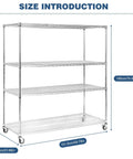 Heavy Duty 5-Tier Wire Storage Rack On Wheels, Tool-Free Assembly, Each Shelf Supports 250 Kg, dimensions 70.9 x 59.8 x 24 inches