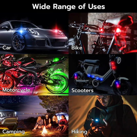 Wireless LED Strobe Lights Kit for cars, bikes, motorcycles, scooters, and outdoor activities like camping and hiking.