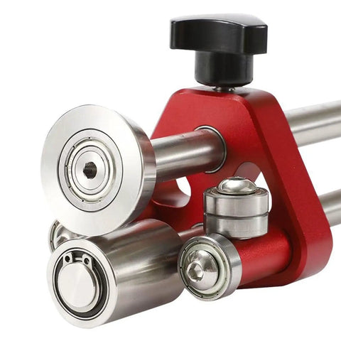 Close-up of Sheet Metal Roller And Bender, 0 To 100 Degree Angled Bending Tool, showing metal rollers and red frame.