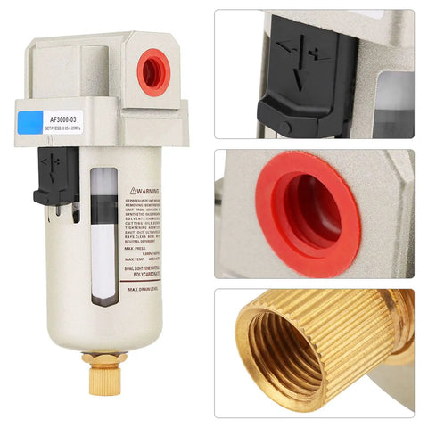 Heavy Duty Aluminum Water Filter for Compressed Air Systems with Auto Drain, High Filtration Efficiency, G3/8 Pipe Size, detail view