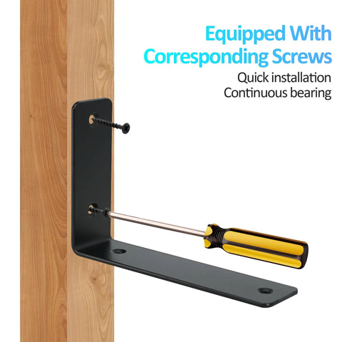 Badass Heavy Duty Black L Brackets For Floating Shelves, 4 Pack Rock Solid Wall Mount Hardware showing installation with screws.