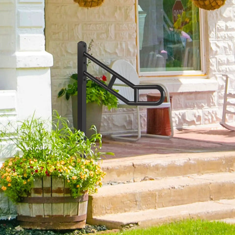 Outdoor Single Post Hand Rail For 1 To 3 Steps, Heavy Duty Wrought Iron Stair Railing With U Shaped Post, Floor Mounted