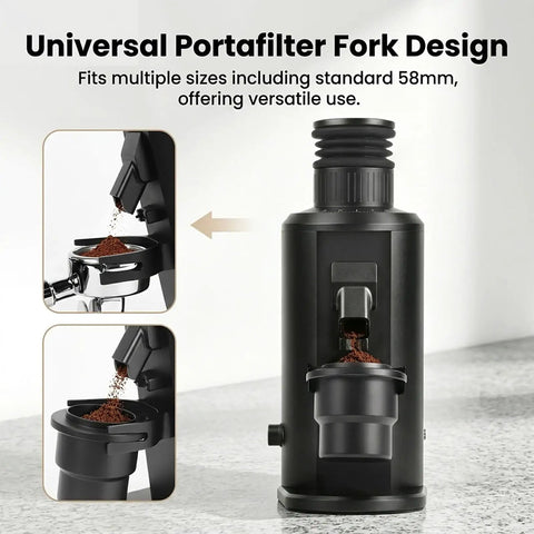 Stepless Adjustment Espresso Coffee Grinder Featuring 80Mm Stainless Steel Flat Burrs for Pour Over with universal portafilter design.