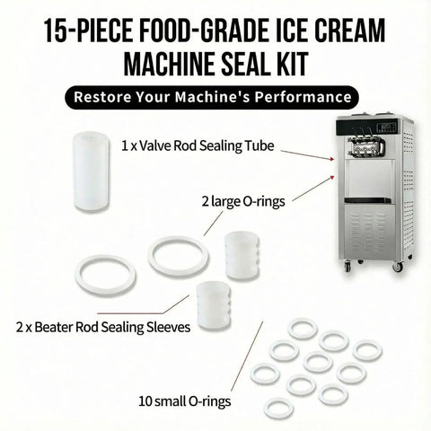 15 Piece Soft Serve Ice Cream Machine Repair Kit With O Rings Gaskets Seals And Tubes Premium Food Grade Silicone Leak Resistant Easy Install All In One For Commercial And Home Use displayed with components on table