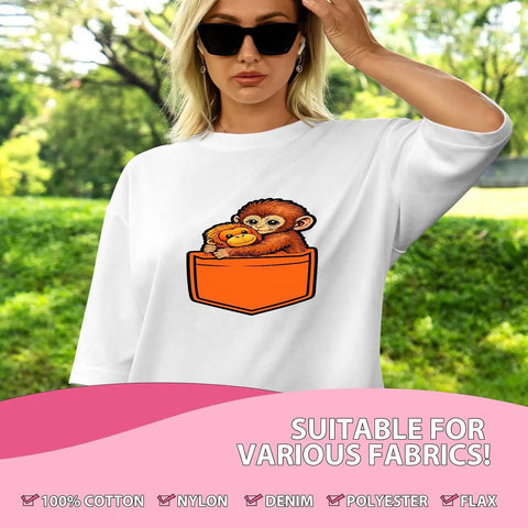 Model wearing T-shirt with Dope Monkey Punchs Oranges Pockets DTF Transfers Pack For DIY T Shirts Ready To Press 7x7 Heat Transfer Stickers