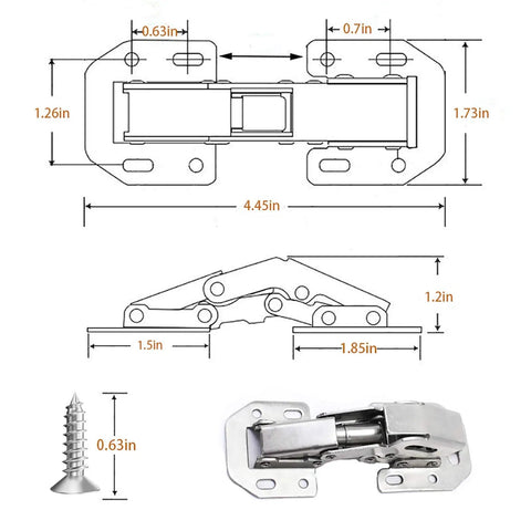 Diagram and dimensions of 18 Pack No Slam Soft Close Hidden Hinges For Frameless Cabinet Doors With Built In Hydraulic Dampers Surface Mount Rust Resistant Nickel Plated Steel Quiet Slow Close For Smooth Cabinet Closures.