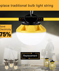 Close-up of bulb from 100Ft LED Construction String Lights IP65 Waterproof ETL Certified Daylight 5000K showing energy efficiency comparison.