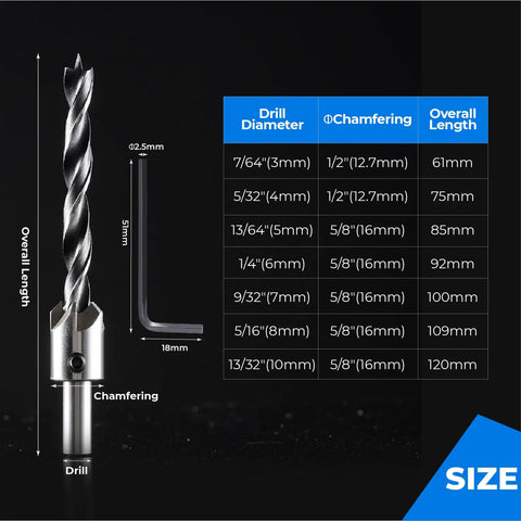 7 Piece Countersink Drill Bits Set For Woodworking High Carbon Steel Carpenter Bits chart with hex key and drill sizes