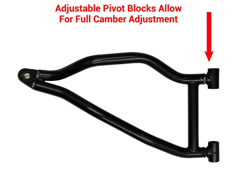 1.5 Inch Black Forward Offset A-Arms For Polaris RZR XP 900 And XP 4 900 Fit Up To 30 Inch Tires 1.25 Inch Tubing 25 Percent Larger Than Stock UV Resistant Powder Coat Finish Includes Extended Tie Rod Ends Steering Stop Kit Full Camber Adjustability, black A-arm with camber adjustment