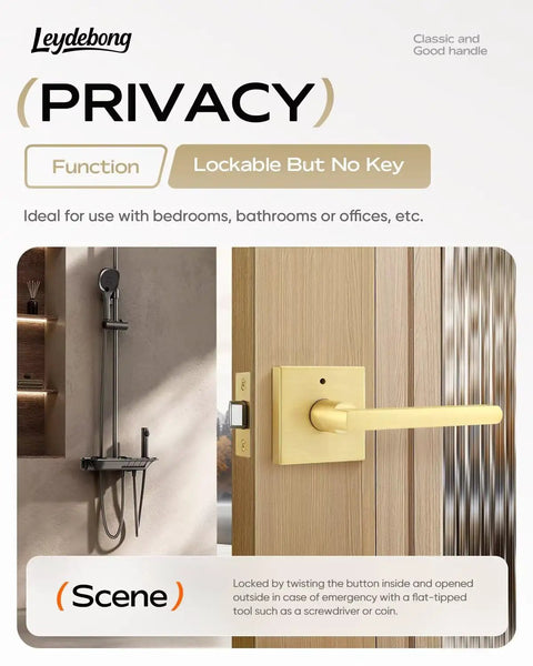 Six Pack Gold Bathroom Door Knob And Privacy Door Lever With Keyless Thumb Turn Lock Brushed Brass Zinc Alloy Interior Door Handle Set for bedroom and bathroom showcasing lockable privacy feature.