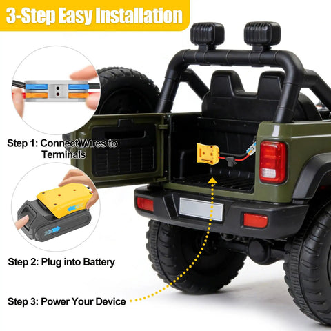 DeWalt 20V Battery Adapter With Beefy 14 Gauge Wire And Fuse Protection connected in toy car for power demo