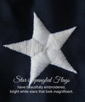 Close-up of embroidered white star on navy blue nylon fabric for Made In USA Heavy Duty 3x5 Outdoor Flag, 100 Percent Nylon With Embroidered Stars And Sewn Stripes, Extra Quadruple Stitching On Fly End, Built To Last Outdoor Flag For Outside Use With Brass Grommets And Weather Resistant.
