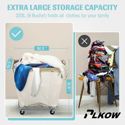 Super Heavy Duty Rolling Laundry Cart With All Terrain Wheels 320L showing large capacity with clean laundry on beige background.