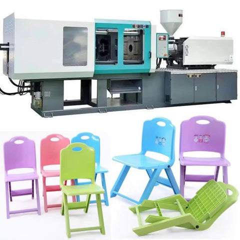 Heavy Duty Hydraulic Plastic Injection Molding Machine for Chair and Home Goods Automatic Factory Setup with colorful chairs.