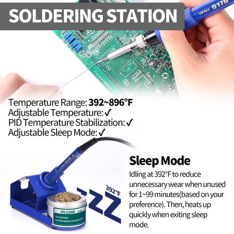 Three In One SMD Soldering Iron Station With sleep mode and temperature control, shown repairing a PCB board.