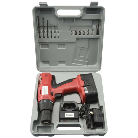 Heavy Duty 18V Cordless Drill Packing Kickass Torque And A Smooth 600 Rpm Reversible Motor For Zero Hassle All Purpose DIY Home Improvements And Shop Repairs in a compact carrying case with accessories.