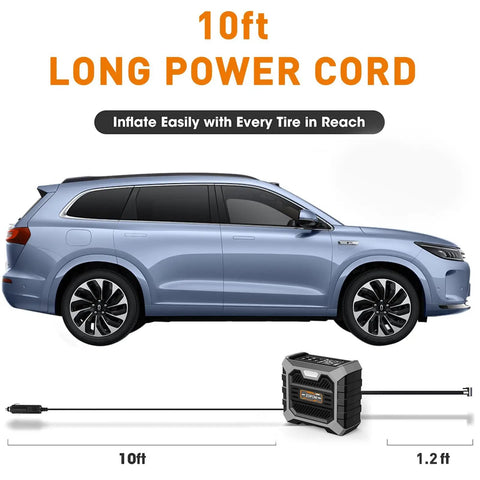 Portable Tire Inflator With Digital Pressure Gauge 12V DC Air Compressor For Car Tires Bikes And Motorcycles Fast Inflation Up To 150 PSI Compact Travel Pump with 10 ft power cord next to SUV car.